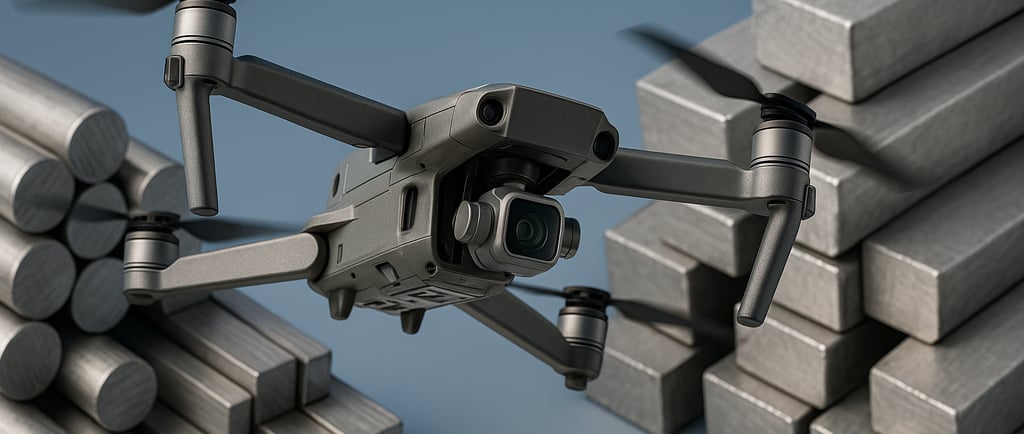 Drone flying near stacked metal ingots and rods, highlighting alloy use in UAVs.