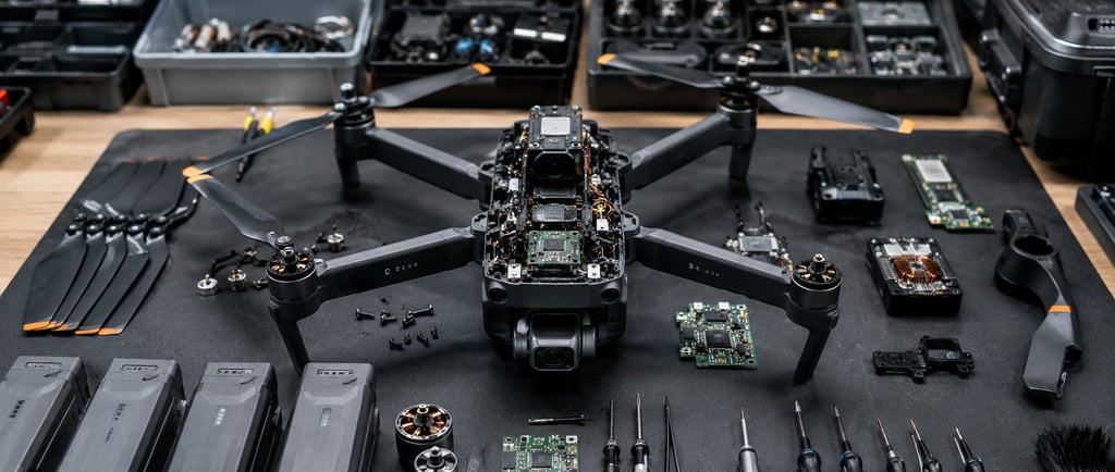 Disassembled drone on a repair bench with parts, batteries, and tools.