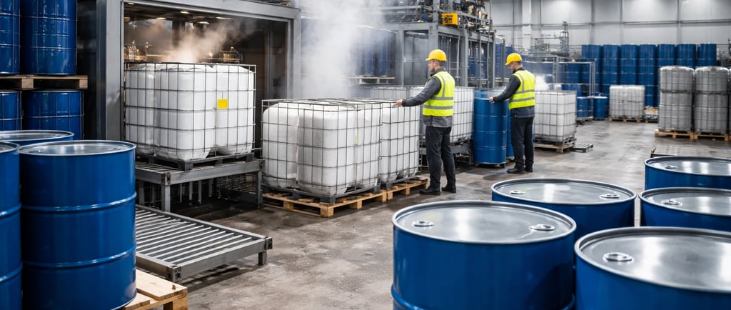 Steel drums and IBCs being cleaned and prepared for reuse in an industrial facility.