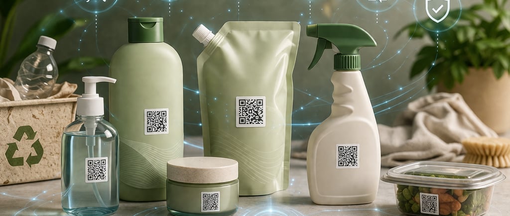 Connected FMCG packages with smart QR labels guiding repair, reuse, refill, return, recycling
