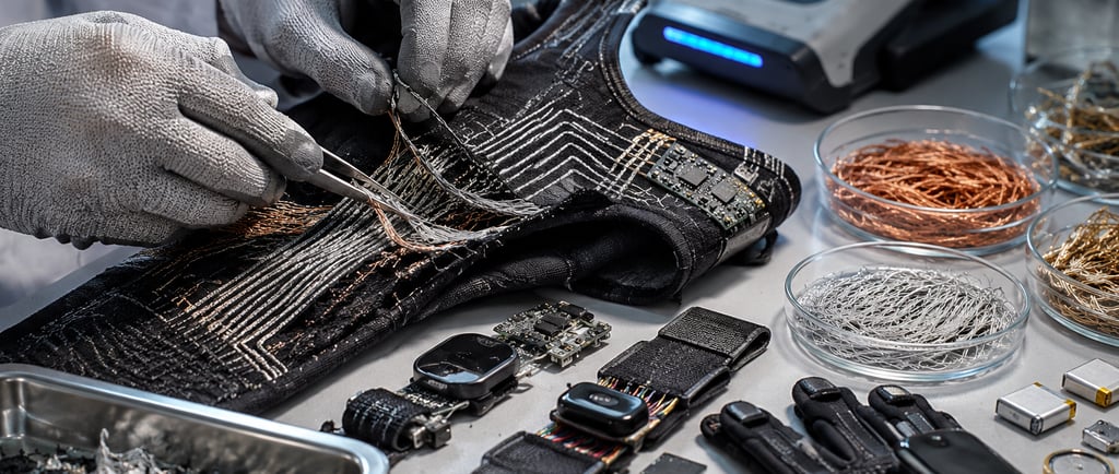 Gloved technician separating conductive threads from a smart textile sleeve.