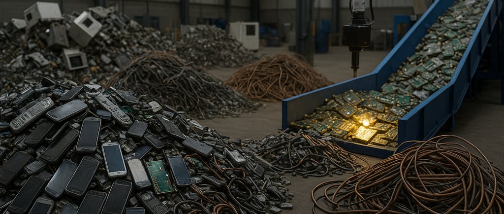 Piles of mixed e-waste with phones, cables, and circuit boards in a recycling facility.