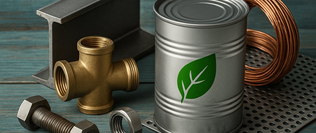 Recyclable metal parts arranged on a blue wooden surface, including a silver can with a green leaf 