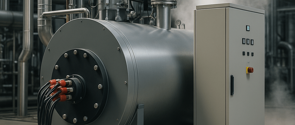 Industrial electric boiler with steel piping and control cabinet in a modern factory.