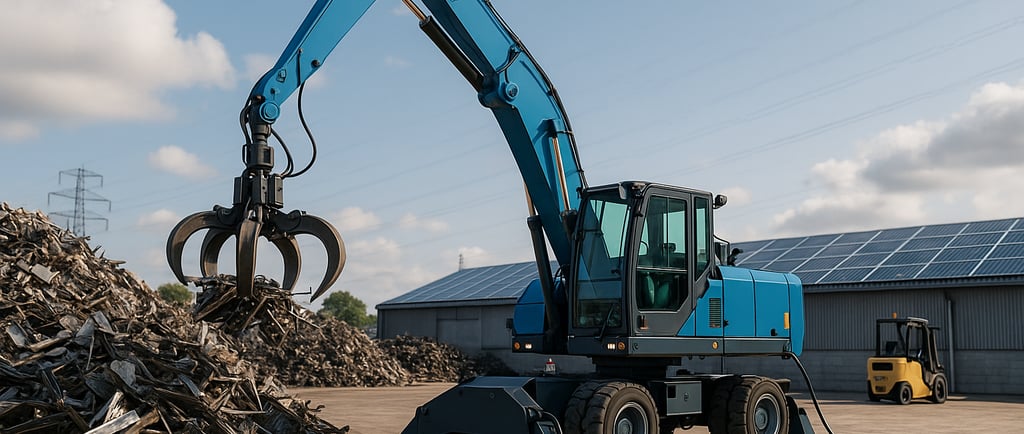 Electric crane sorts scrap metal at solar-powered modern recycling facility.