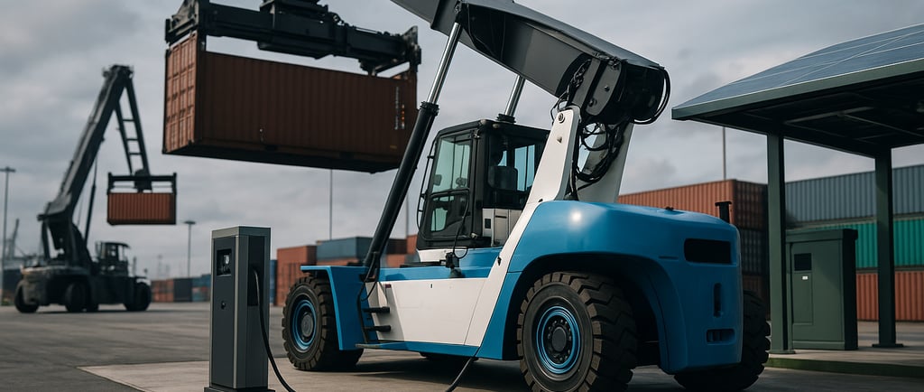 electric reach stacker charging at a port with a diesel crane lifting a container in the background