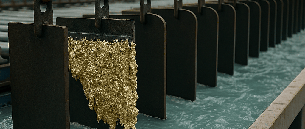 Electro-winning facility with cathode plates in turquoise solution, one coated with metal deposits