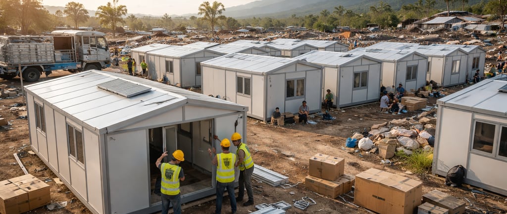 Flat-pack metal shelters in a disaster relief camp.