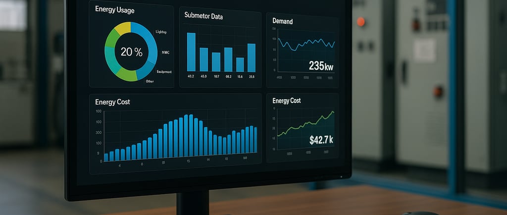 Computer monitor in an industrial control room showing a detailed energy dashboard.