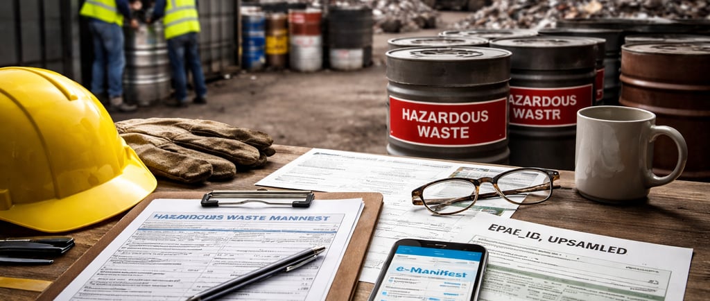 Compliance paperwork and e-manifest phone on a scrap yard desk, with hazardous waste drums, workers