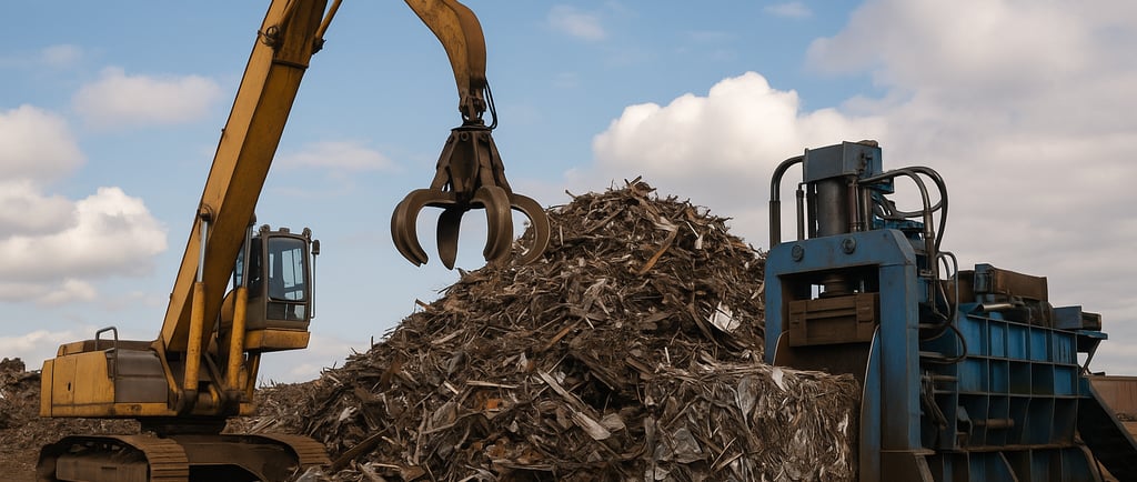  Scrapyard with excavator and baler processing metal scrap.