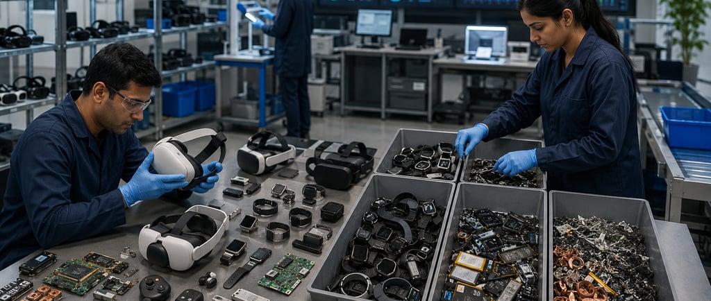 Returned XR and wearable devices sorted for EPR recycling compliance.