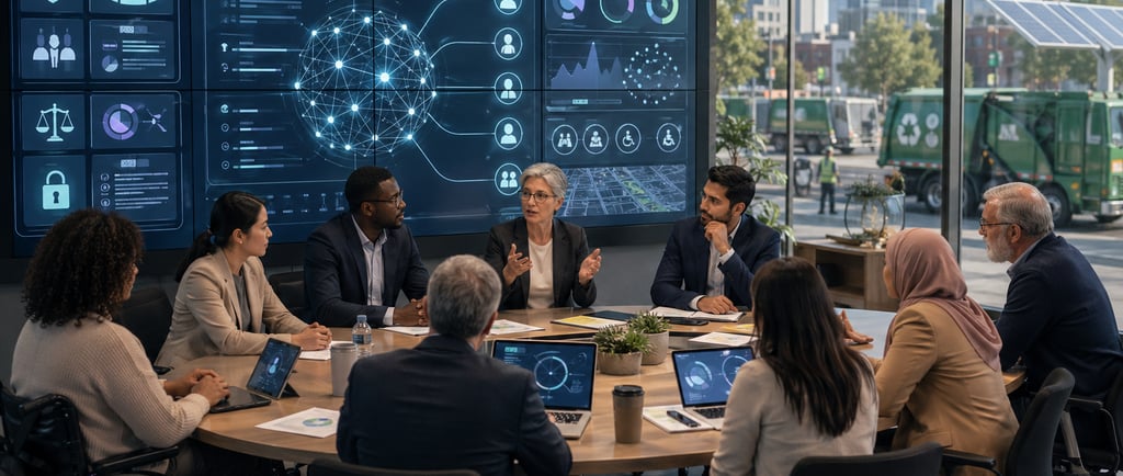 Diverse civic leaders reviewing ethical AI in a public oversight meeting.