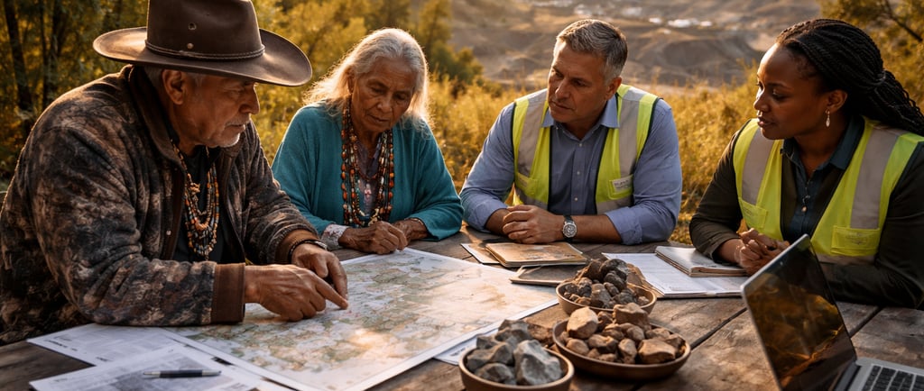 Elders and mining executives review maps together at a site.