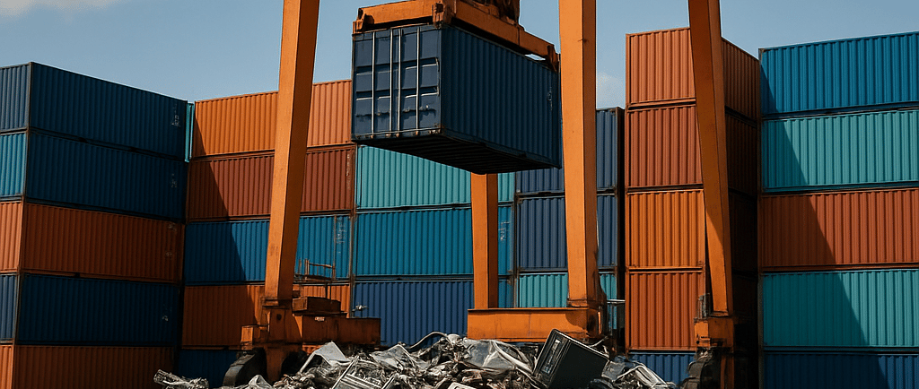 Gantry crane lifting a container above a pile of discarded old computers in a busy shipping yard.