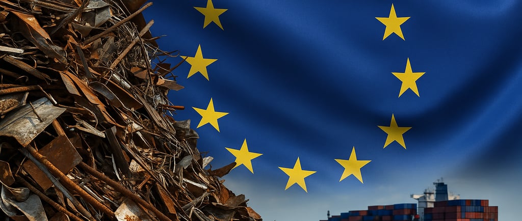 Scrap metal pile beside a container ship at sea with the EU flag in the background.