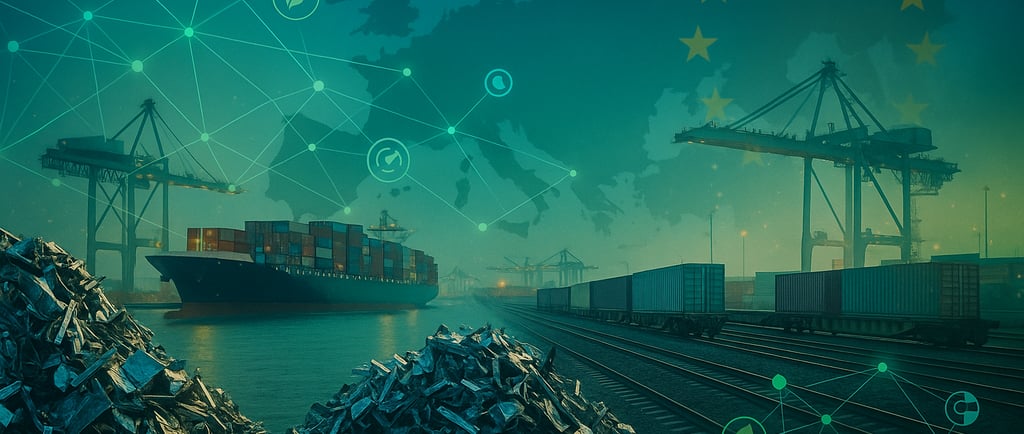European port with scrap piles, container ship, rail, and EU-style emissions tracking visuals.