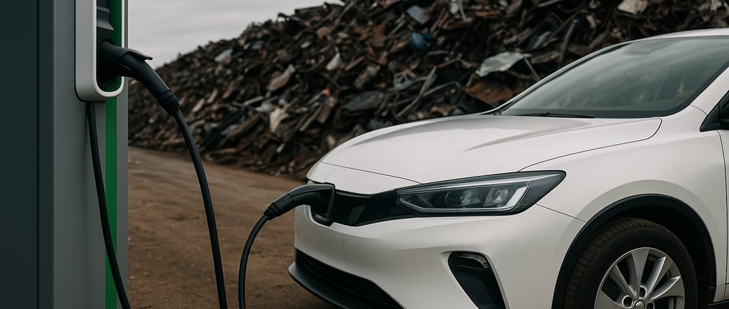 EV charging beside a large scrap metal pile.