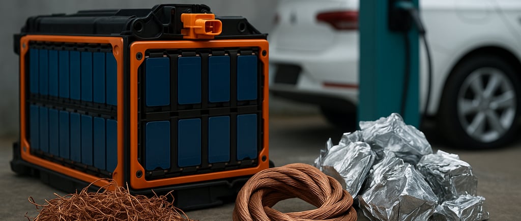 EV battery pack with recycled copper and aluminum near a charging electric car.