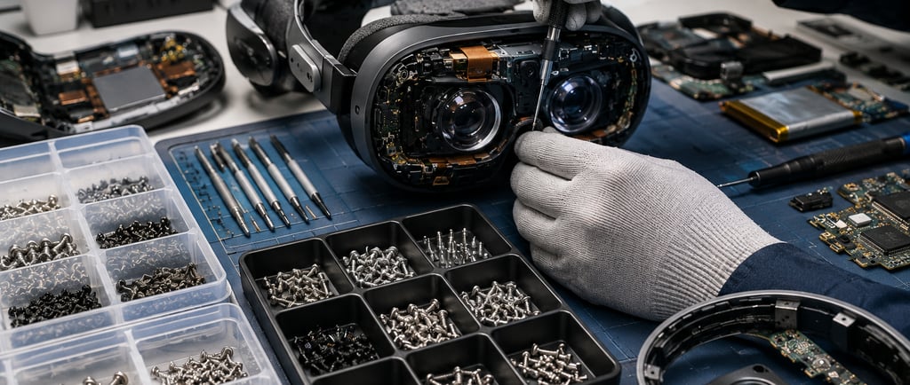 Gloved technician removing tiny standardized screws from an opened XR headset