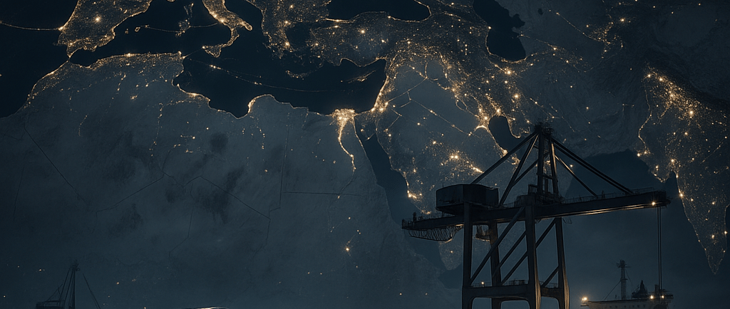 Nighttime port with steel coils and scrap under a lit map of Europe and Asia.