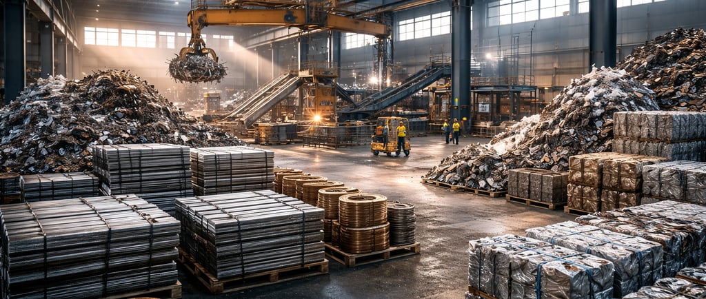 wide-angle view of a modern scrap metal recycling facility with organized metal piles, crane