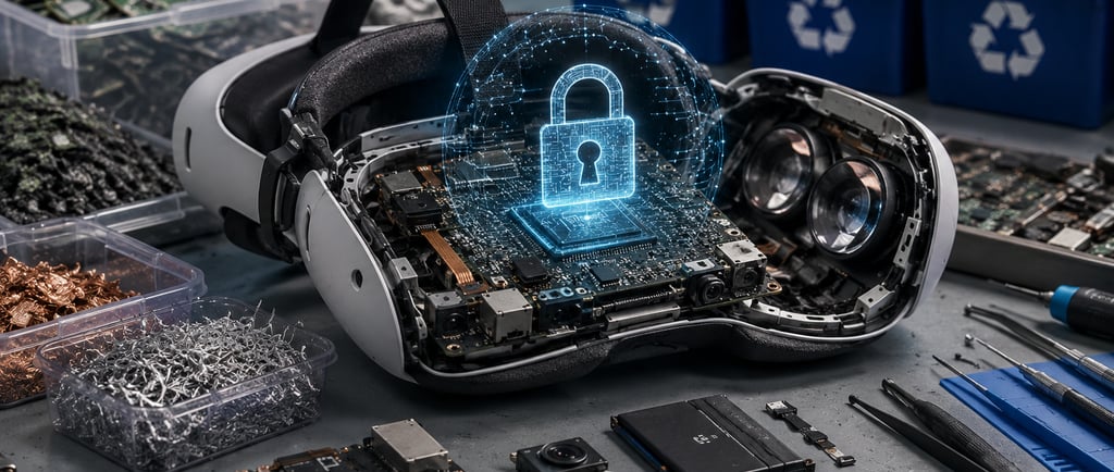 Firmware-locked XR headset on an electronics recycling workbench with repair tools