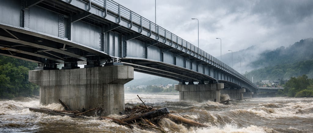 Modern steel bridge over fast, debris-filled floodwater under storm clouds.