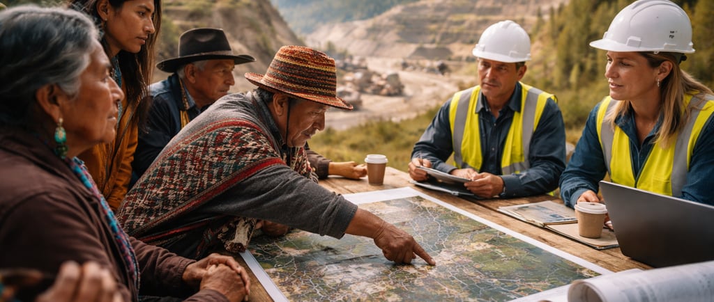 Community and mining teams reviewing a land-use map near an active mine.