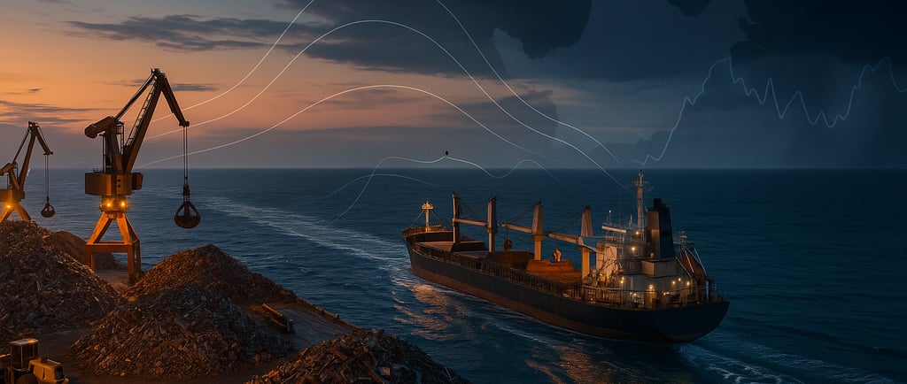 Bulk carrier leaving a scrap port at dusk with cranes and metal piles under stormy skies.