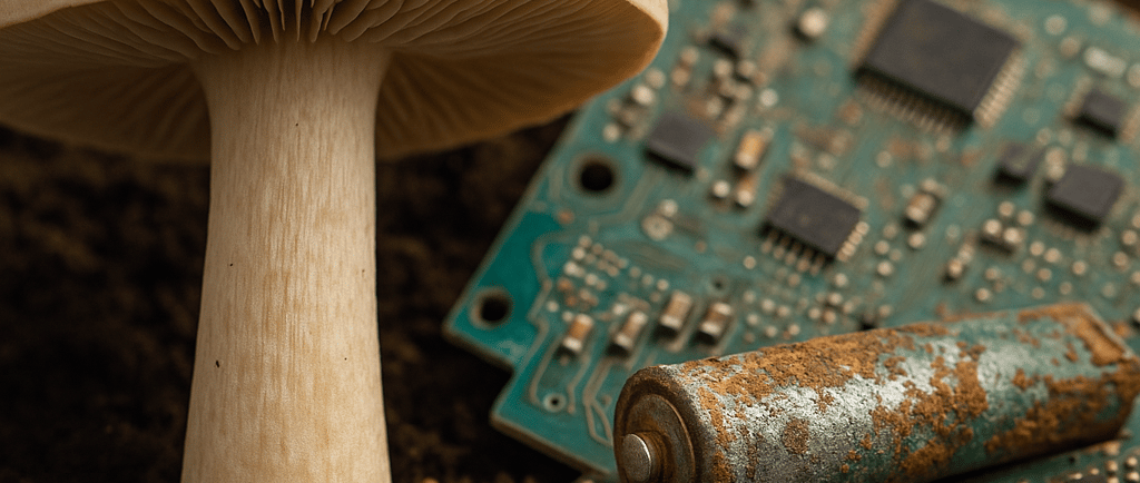 Mushroom beside circuit boards and rusted battery in soil.