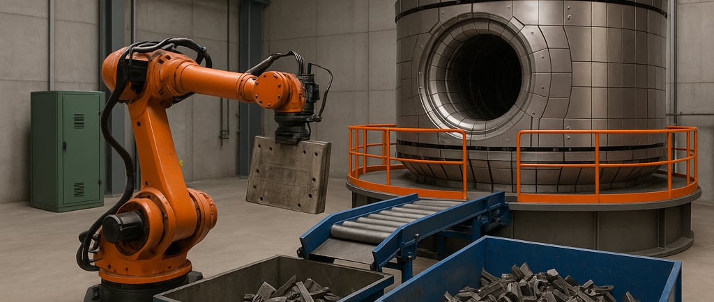 Robotic recycling of metal parts near a fusion reactor in an industrial facility.