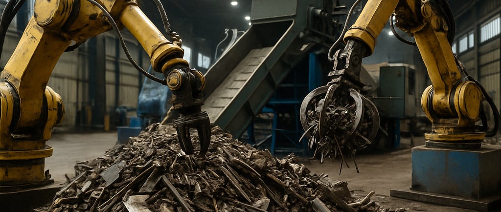 A high-resolution image showing robotic arms processing and sorting a pile of metal scrap using adva