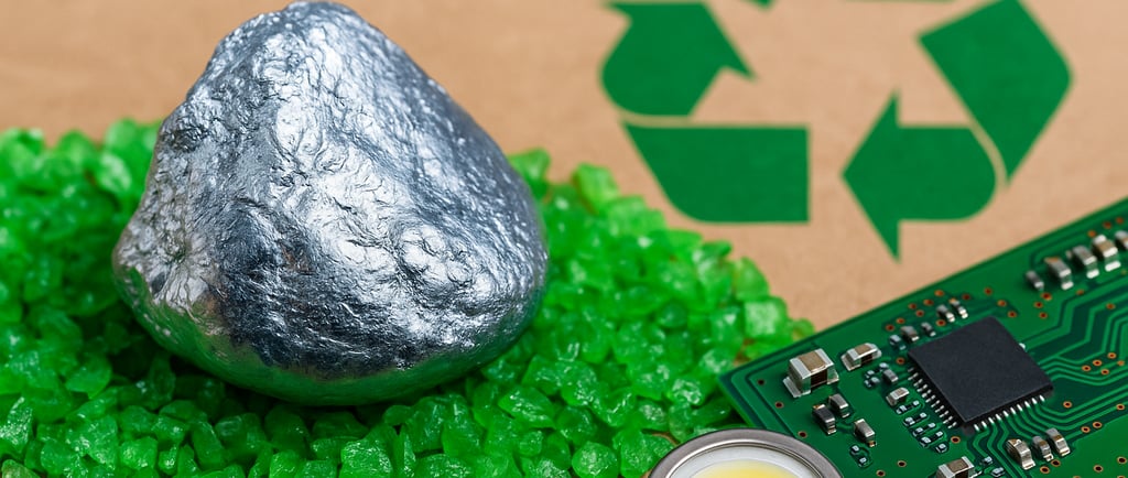 Gallium chunk with circuit board, LED, and recycling symbol on brown paper.