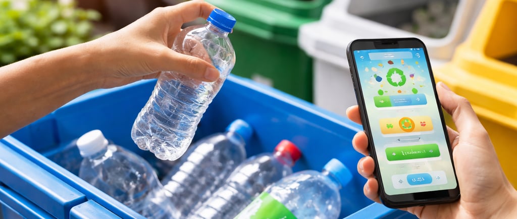 Close-up of a person recycling a plastic bottle while checking a colorful app on a smartphone