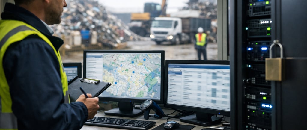 Scrap yard audit workstation with monitors, clipboard, and trucks in background.