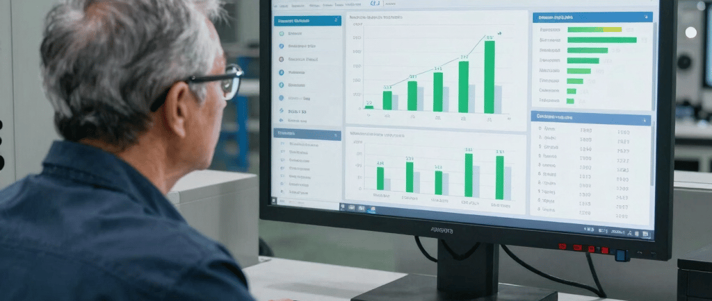Senior manager analyzing detailed carbon metrics and numerical data on a dashboard