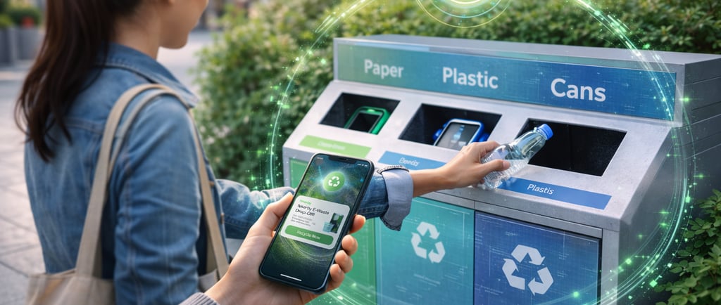 person recycling plastic bottle at smart public bin while using mobile app with location-based guide