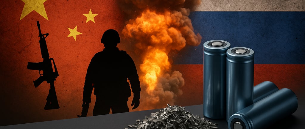 Batteries and metal scrap with soldier silhouette, explosion, and China-Russia flags in background.