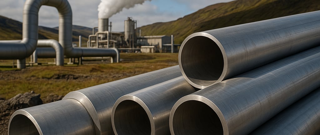 Geothermal plant with metallic pipes and steam in a mountain landscape.