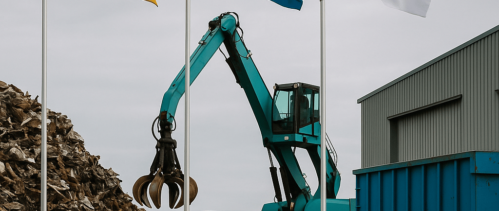 Recycling plant with German, Swedish, and Japanese flags beside a teal material handler and piles of