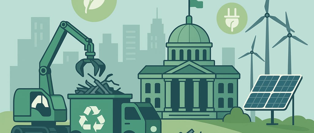 Conceptual illustration of recycling machinery, green energy, and urban infrastructure symbolizing s