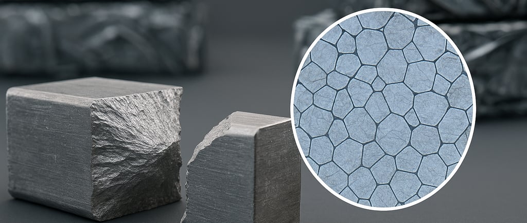 Close-up of fractured metal blocks with a magnified inset showing the fine grain structure of alloy