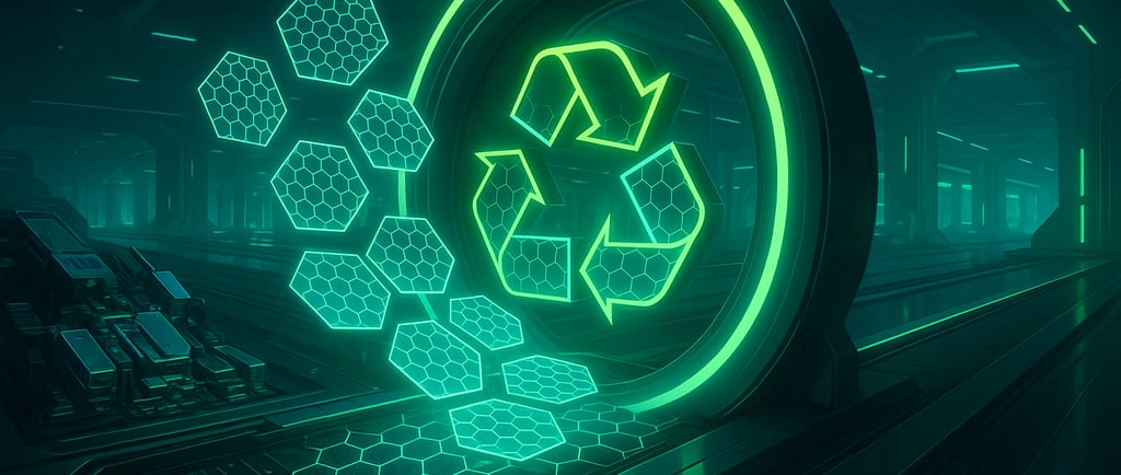 Futuristic portal recycling glowing graphene hexagons.