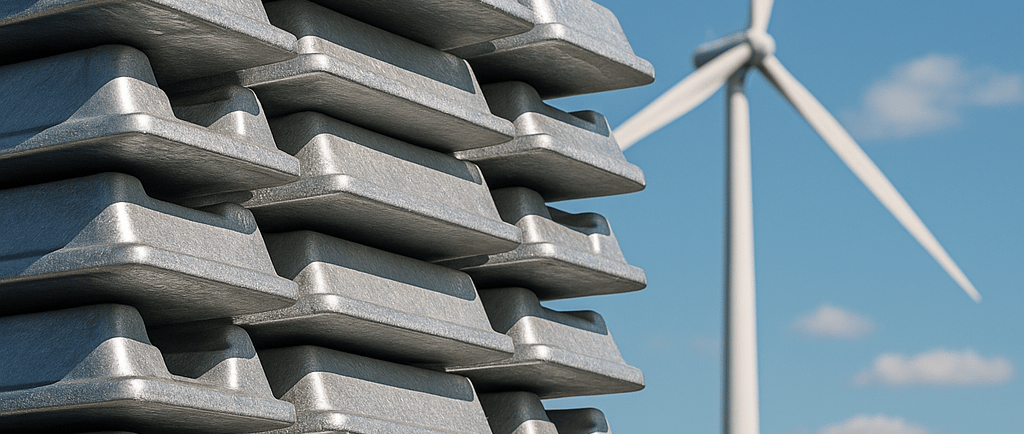 Stacked aluminum ingots with a wind turbine in the background under a clear sky.