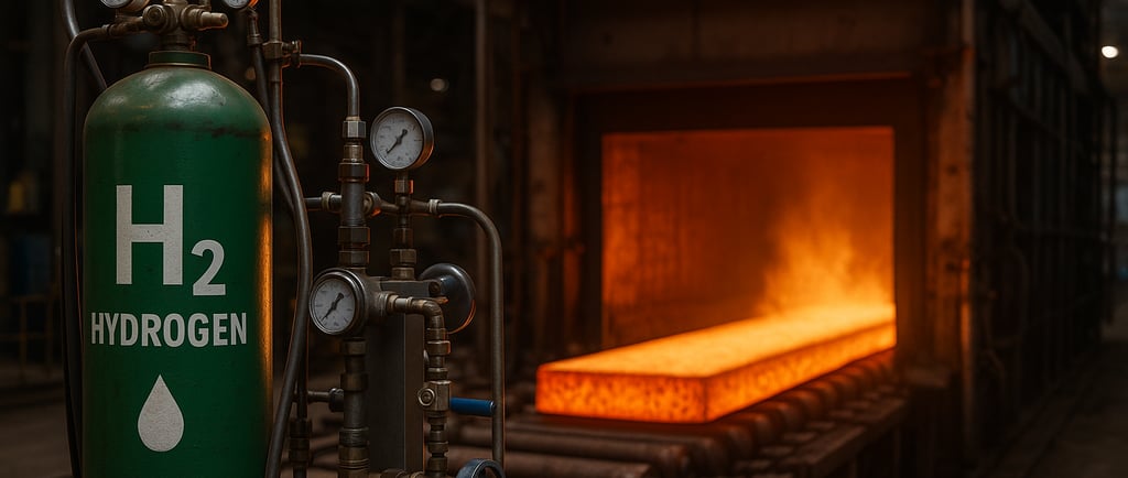 Green hydrogen cylinder beside a glowing industrial furnace in a steel plant.
