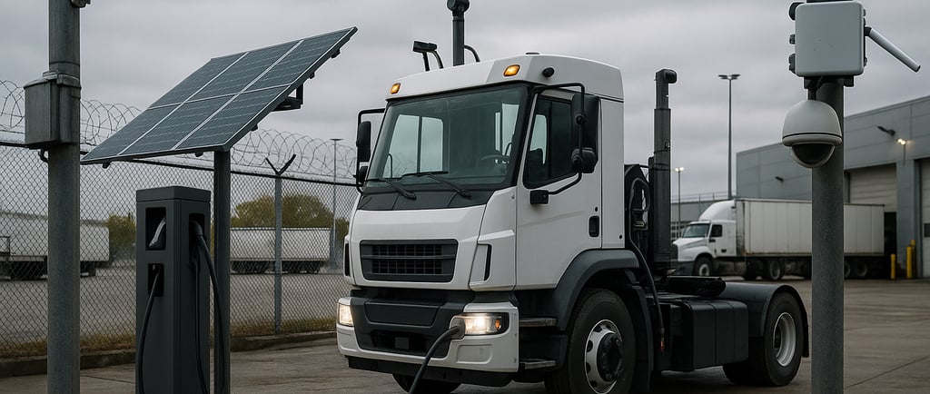 Electric yard truck charging with solar unit and IoT sensors in a modern yard.