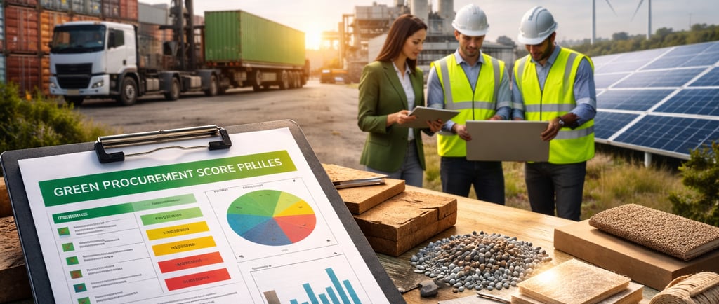 Procurement team reviewing supplier sustainability data at an industrial site with renewable energy