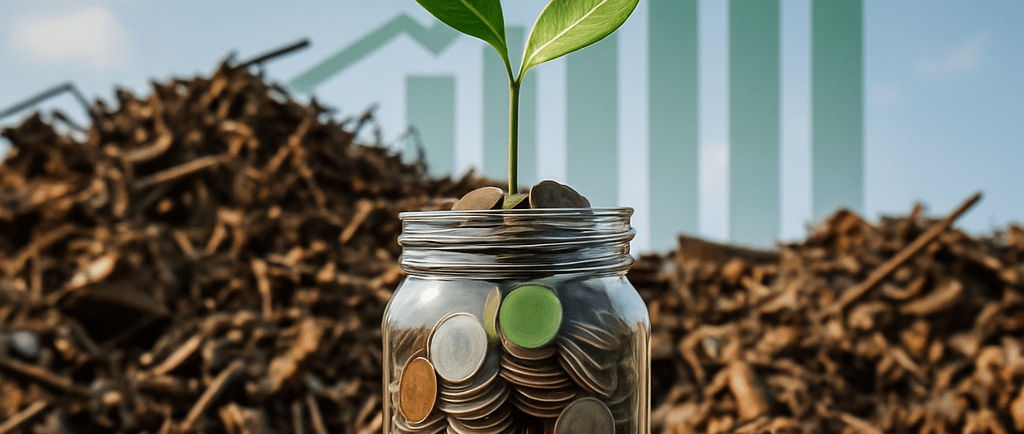 A jar of coins with a green plant growing from it sits on scrap metal, backed by an upward graph.