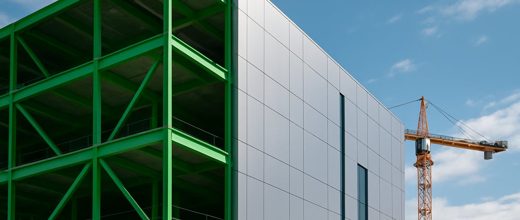Modern construction site featuring a building frame made of bright green steel beams alongside sleek